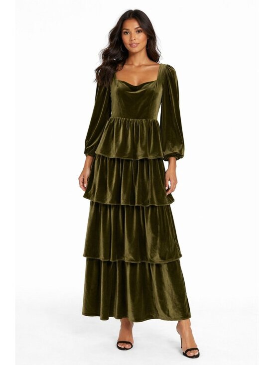 Queenado Dresses & Skirts - Olive Green Velvet Tiered Maxi Dress Long Sleeve Boho Formal Size 6